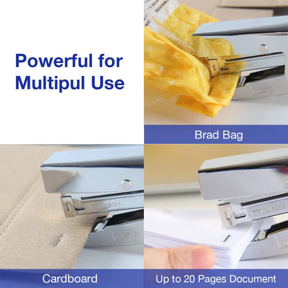 Metal stapler with 1000 staples and staple remover. 20 sheet capacity. Full office-size stapler.