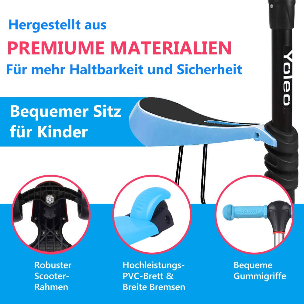 YOLEO 3-in-1 Kids Scooter with Removable Seat, LED Big Wheels, Adjustable Handlebar for Toddlers Boys Girls from 2 Years (Blue)