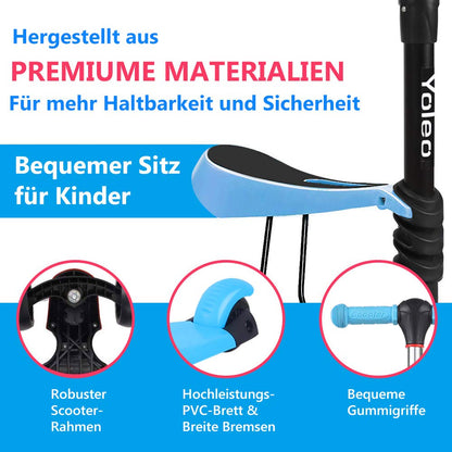 YOLEO 3-in-1 Kids Scooter with Removable Seat, LED Big Wheels, Adjustable Handlebar for Toddlers Boys Girls from 2 Years (Blue)
