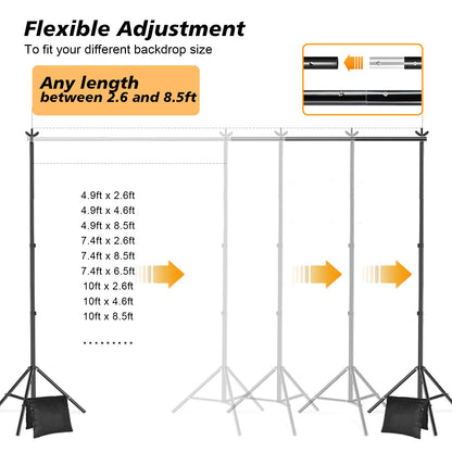 2.6x3m Photo Studio Background System Adjustable Photo Background Stand Set for Photography Party with 1 Carrying Bag, Support System Stand for Photos, Videos, Studio, 6 Spring Clamps, 2 Sandbags