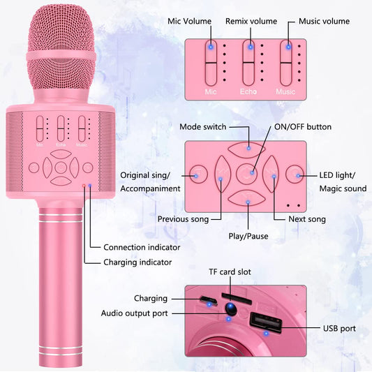 Magic Sing LED Karaoke Microphone for Kids, Wireless Bluetooth Toy for 3-12 Year Old Girls, KTV Speaker with Voice Changer, Home KTV Karaoke Machine for Android, iOS, PC (KP06-Pink)