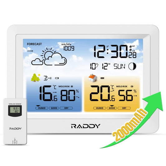 Raddy WM6 wireless weather station with outdoor sensor. Indoor/outdoor thermometer, hygrometer, barometer. Built-in 2000mAh battery, DCF radio clock, weather forecast, mold warning for home.