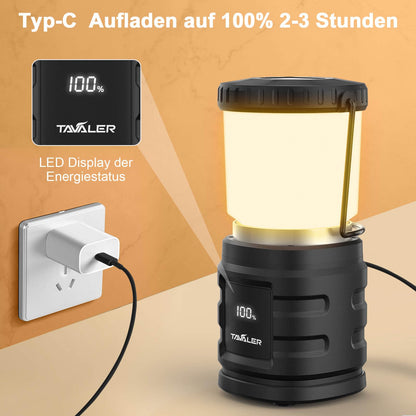 Tavaler Camping Lantern 4400mAh Battery USB C Rechargeable Camping Lamp with LED Battery Display Screen Camping Light IP65 Waterproof Camp Light for Hiking Outdoor, Emergency, Power Bank.
