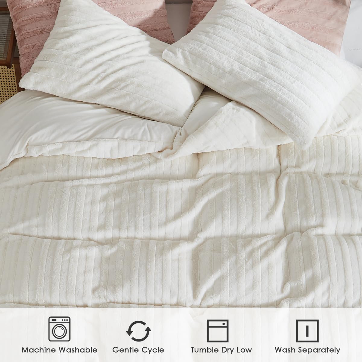 Nayoroom Plush Bedding 200x200 Cream White Winter Warm Fluffy Fleece Duvet Cover and 2 Pillowcases 80x80 cm Oeko-Tex Certified Super Soft Winter Bedding Set Zipper
