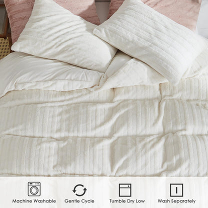Nayoroom Plush Bedding 200x200 Cream White Winter Warm Fluffy Fleece Duvet Cover and 2 Pillowcases 80x80 cm Oeko-Tex Certified Super Soft Winter Bedding Set Zipper