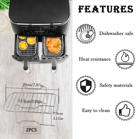 2 pieces of 304 stainless steel air fryer grill rack with 100 pieces of parchment paper compatible with Ninja Foodi AF300EU AF400EU, Dehydrate Rack Set for Dual Zone Air Fryer, Sheets
