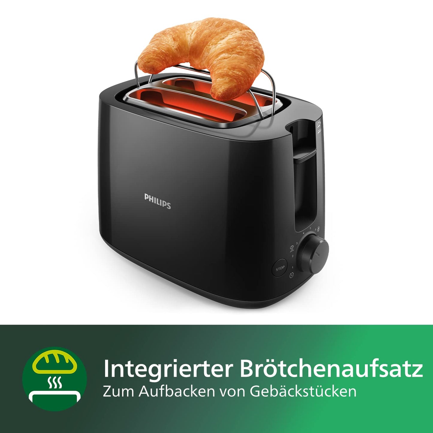 Philips Toaster - 2 toast slots, 8 settings, bun warmer, defrost function, lift function, automatic shut-off, black (HD2581/90)