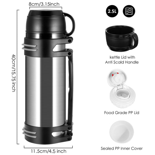 Hangrow Vacuum Insulated Bottle 2.5L Large Capacity Stainless Steel Vacuum Insulated Bottle for Hot Drinks + Coffee Cup Lid with Handle, Travel Bottle Drink Bottles Food Soup Bottle