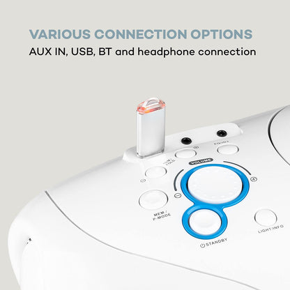 auna Spacewoofer DAB Boombox with CD player - portable speaker, music box, 40 watts, FM radio, DAB+, Bluetooth, USB, AUX IN, LED light effects, can be powered by mains or batteries, includes remote control, white