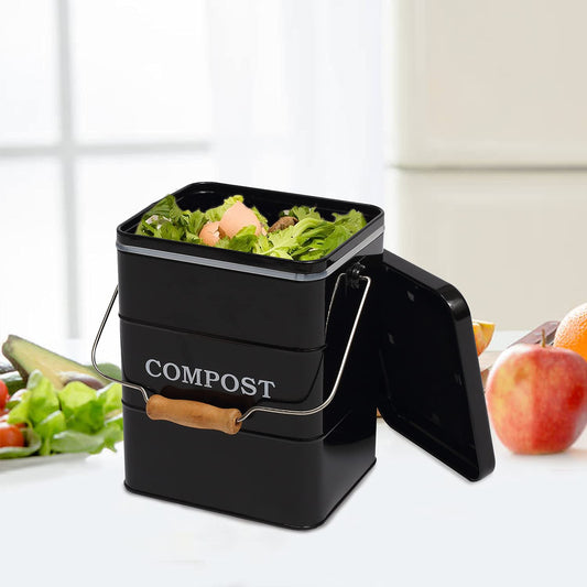 Morezi 6L kitchen compost bin - Includes activated charcoal filters, compost bin with lid and handle for sorting kitchen waste - Black.