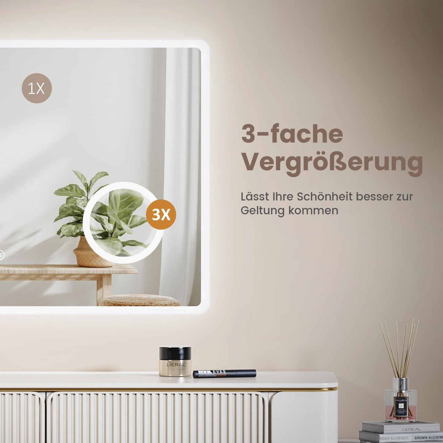 EMKE Bathroom Mirror with Lighting 100x60cm, 3X Cosmetic Mirror, 3 Light Colors, Touch Control, Energy-saving Wall Mirror IP44, 3000K/4000K/6500K.
