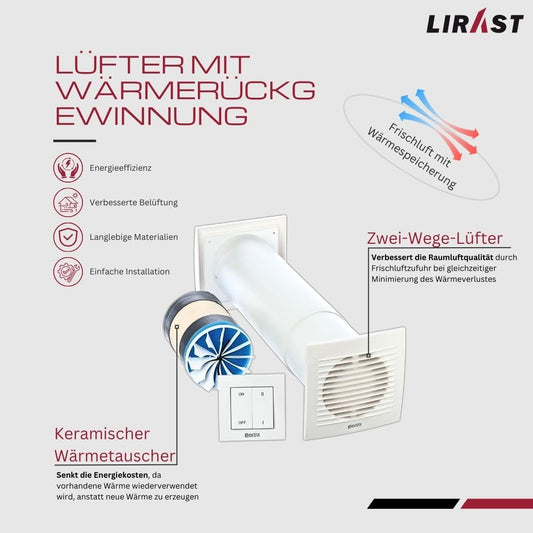 LIRAST 125mm Decentralized Ventilation System with Heat Recovery - Wall Fan with Switch - Ventilation with Heat Recovery - Recuperator with Ceramic Heat Exchanger - Air Exchanger Residential Ventilation