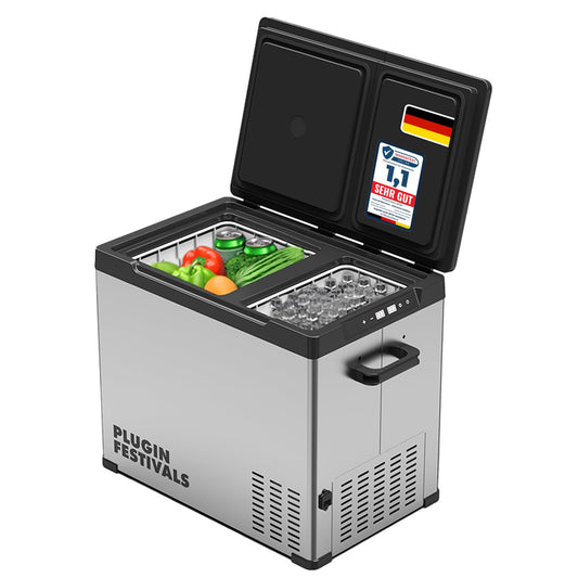 PLUG IN FESTIVALS electric cool box - 2 compartments compressor cool box 12v 230v - up to -20 degrees & app control - freezer box for car & camping - DUAL Ice Cube electric (38 liters)