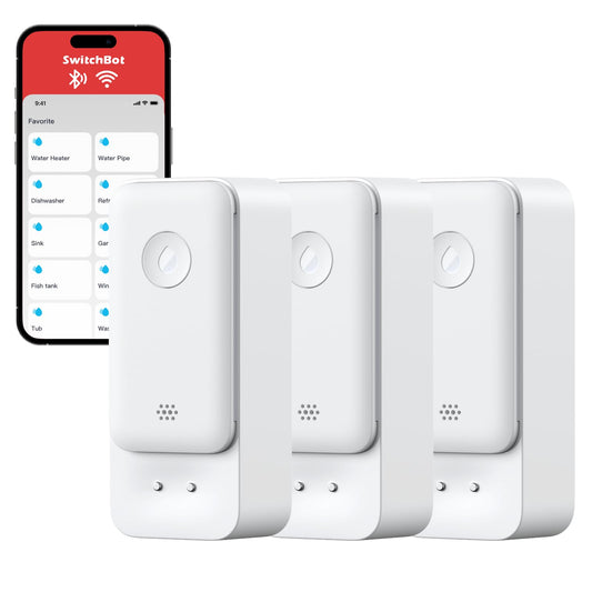 SwitchBot WiFi Water Sensor requires no hub (2.4G only), Smart Water Sensor 3 pack with 100dB Adjustable Alarm & App Notification, IP67 waterproof, Water Leak Detector for kitchen, bathroom, basement.