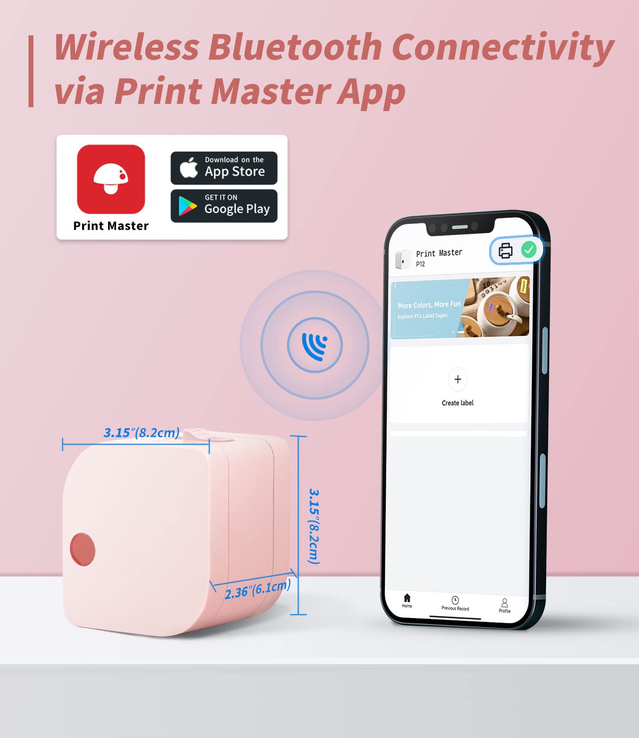 Phomemo P12 Mini Bluetooth Labeling Machine, self-adhesive label maker compatible with iOS & Android phones. Thermal label printer for home and office use - Pink.
