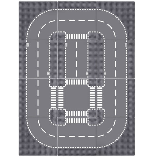 Lekebaby 12-piece City Street Baseplate Set, 25.5 * 25.5cm road plates, 100% compatible with most brands, includes 4 curves, 4 T-junctions, 3 straights, and 1 intersection.