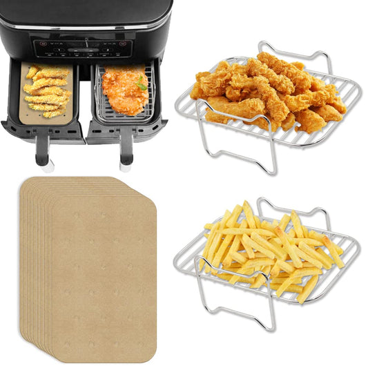 2 pieces of 304 stainless steel air fryer grill rack with 100 pieces of parchment paper compatible with Ninja Foodi AF300EU AF400EU, Dehydrate Rack Set for Dual Zone Air Fryer, Sheets
