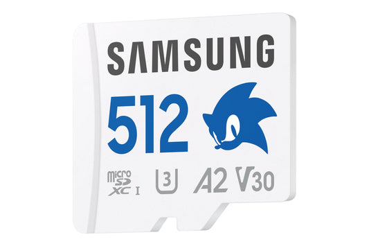 Samsung Sonic the Hedgehog(TM) microSD card + SD adapter, 512GB storage, UHS-I U3, Full HD & 4K UHD, 180MB/s read, 130MB/s write, data storage for handheld consoles, MB-MD512SA/LC1