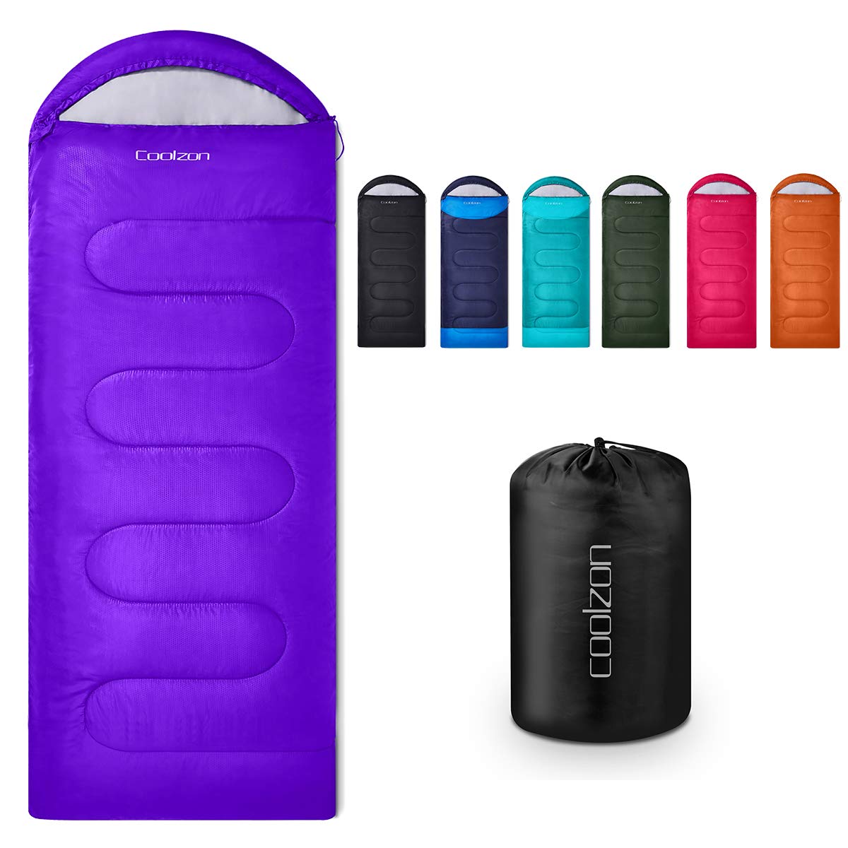 Coolzon sleeping bag for outdoor camping 3-4 seasons, adult rectangular sleeping bag small pack size ultralight carrying bag, soft thick and warm for outdoor camping, travel, hiking, purple.