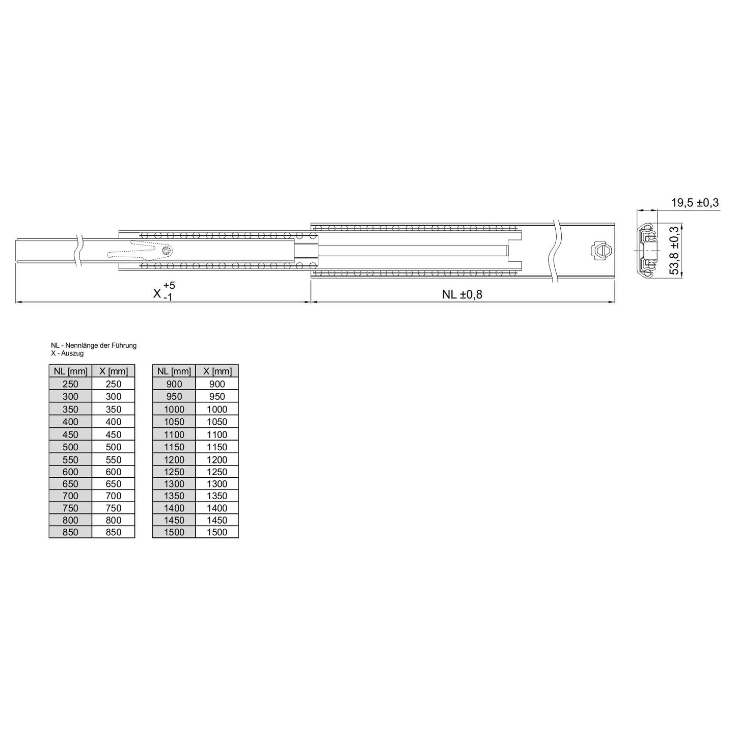 Junker 2 pieces full-extension slides KV1-80-H53-L1100-NF 110 cm (1100 mm) ball bearing slide load capacity 80 to 100 kg