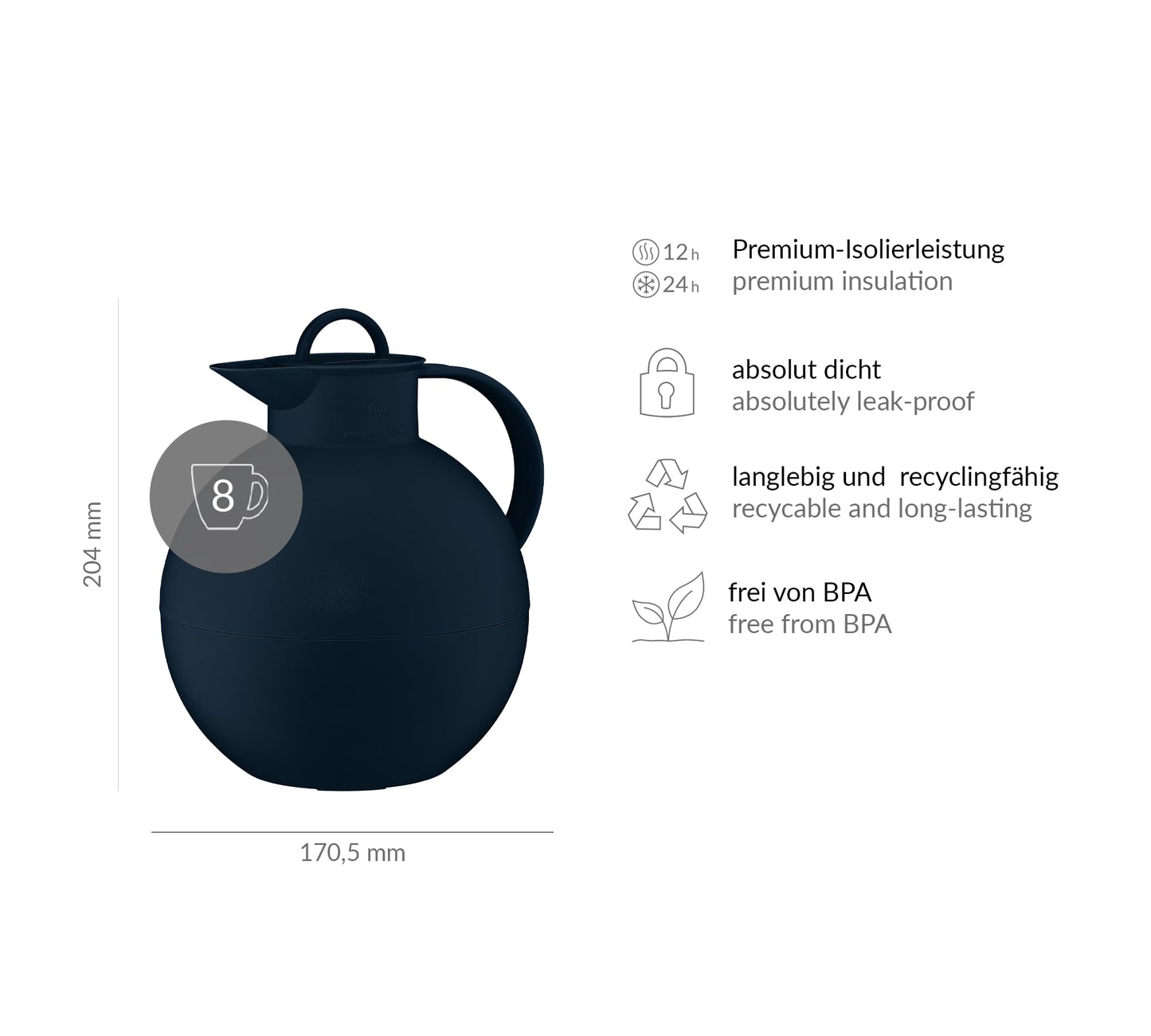 alfi BALL 1 QT, dark blue matte, plastic insulated carafe with hygienic hard glass insert, screw top lid, designer piece, spherical thermos, ideal for coffee or tea, BPA free.