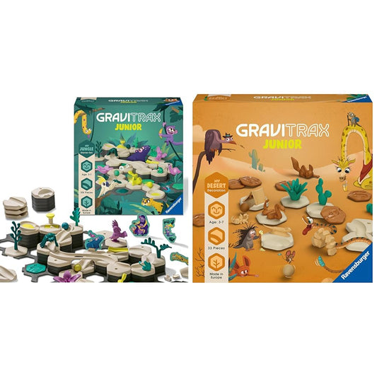 Ravensburger GraviTrax Junior Starter Set L Jungle & GraviTrax Junior Extension Desert - Expandable marble run for kids.