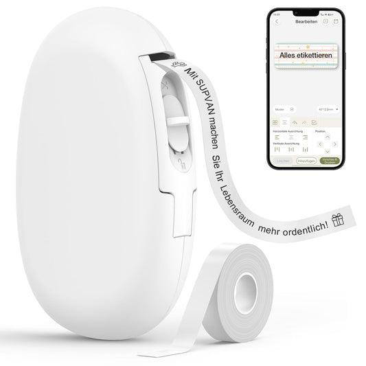 SUPVAN E10 label printer with waterproof self-adhesive labels (15 mm x 6 m), portable Bluetooth labeler suitable for home, school, office use, in white color.
