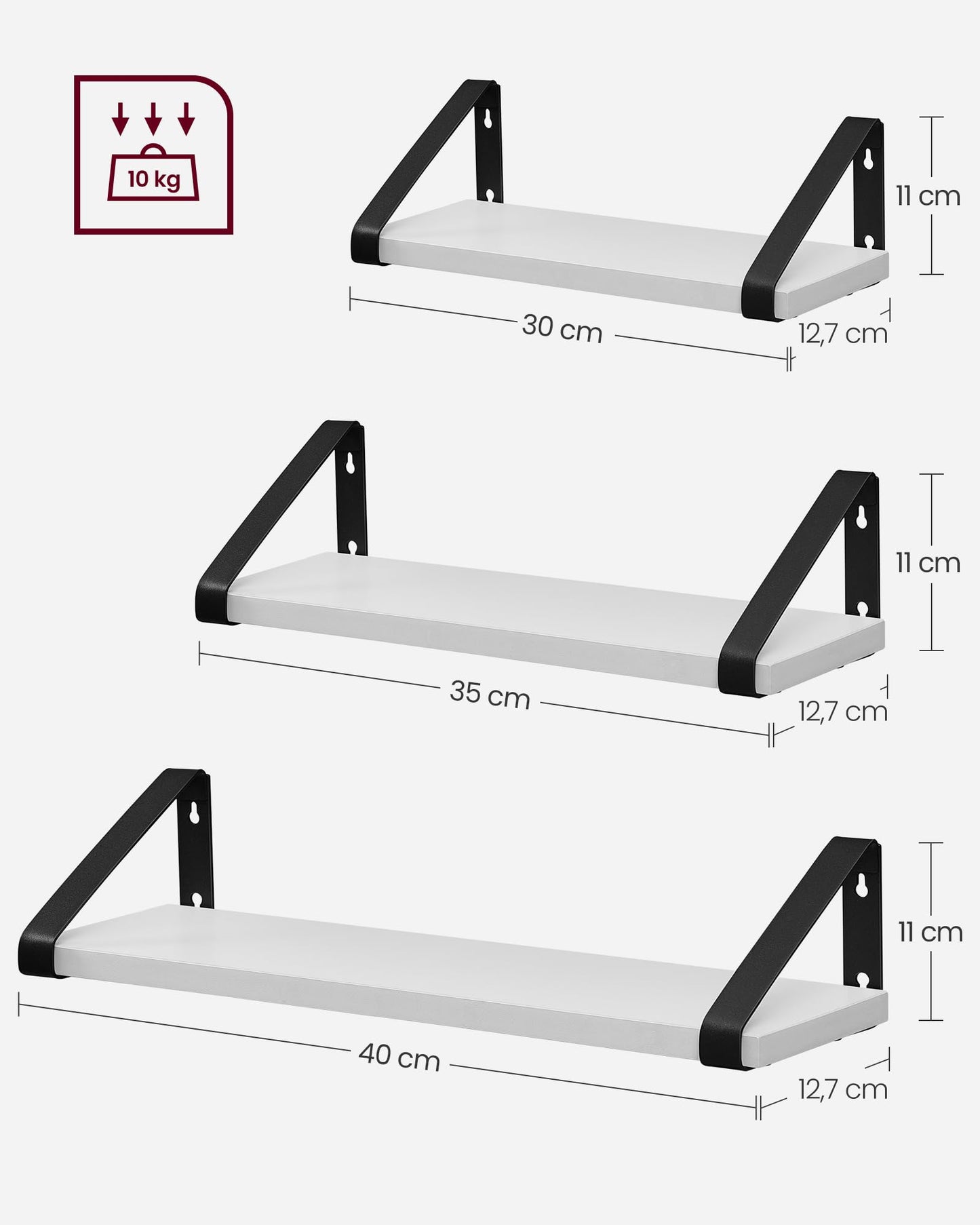VASAGLE Wall Shelf, Floating Shelf, Set of 3, Shelf Board, 2 Mounting Options, 30/35/40 cm, for Living Room, Kitchen, Home Office, Bathroom, White-Matte Black LWS033B14
