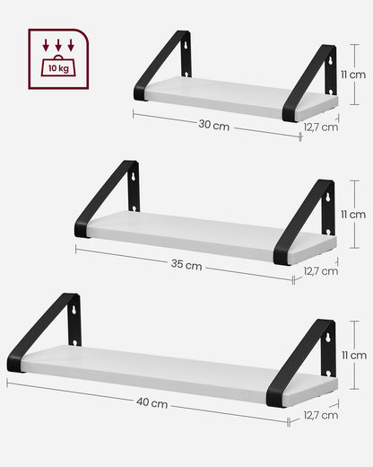 VASAGLE Wall Shelf, Floating Shelf, Set of 3, Shelf Board, 2 Mounting Options, 30/35/40 cm, for Living Room, Kitchen, Home Office, Bathroom, White-Matte Black LWS033B14