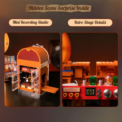 PANTASY Retro Jukebox building set with coin & sound function. Mechanical Music Box model with acrylic records, recording studio & minifigure. Collector set as a gift for adults and teenagers.