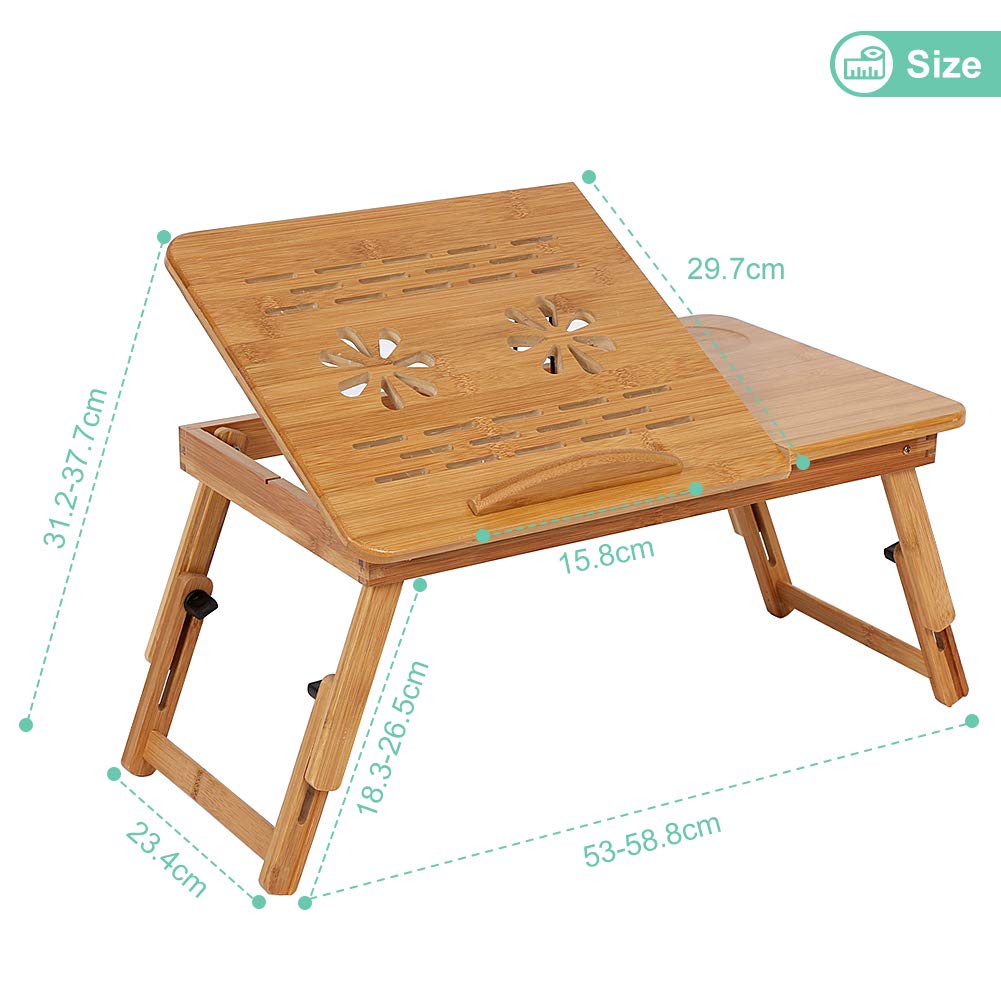 Ejoyous folding bamboo bed table, adjustable 5 tilt angles laptop table notebook table lapdesks with drawer and ventilation slots for school bedroom or office.
