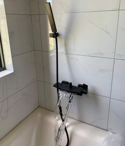 Black bathtub faucet with hand shower, shower systems, waterfall spout, wall mount, single lever mixer faucet for bathroom shower.