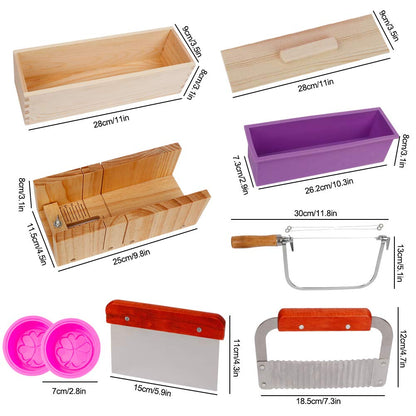 UHAPEER DIY Soap Silicone Mold Set 9 Pieces, Adjustable Wooden Soap Cutter Kit, Handmade Soap Making Tool, Soap Making Kit with Wooden Box, Silicone Soap Mold