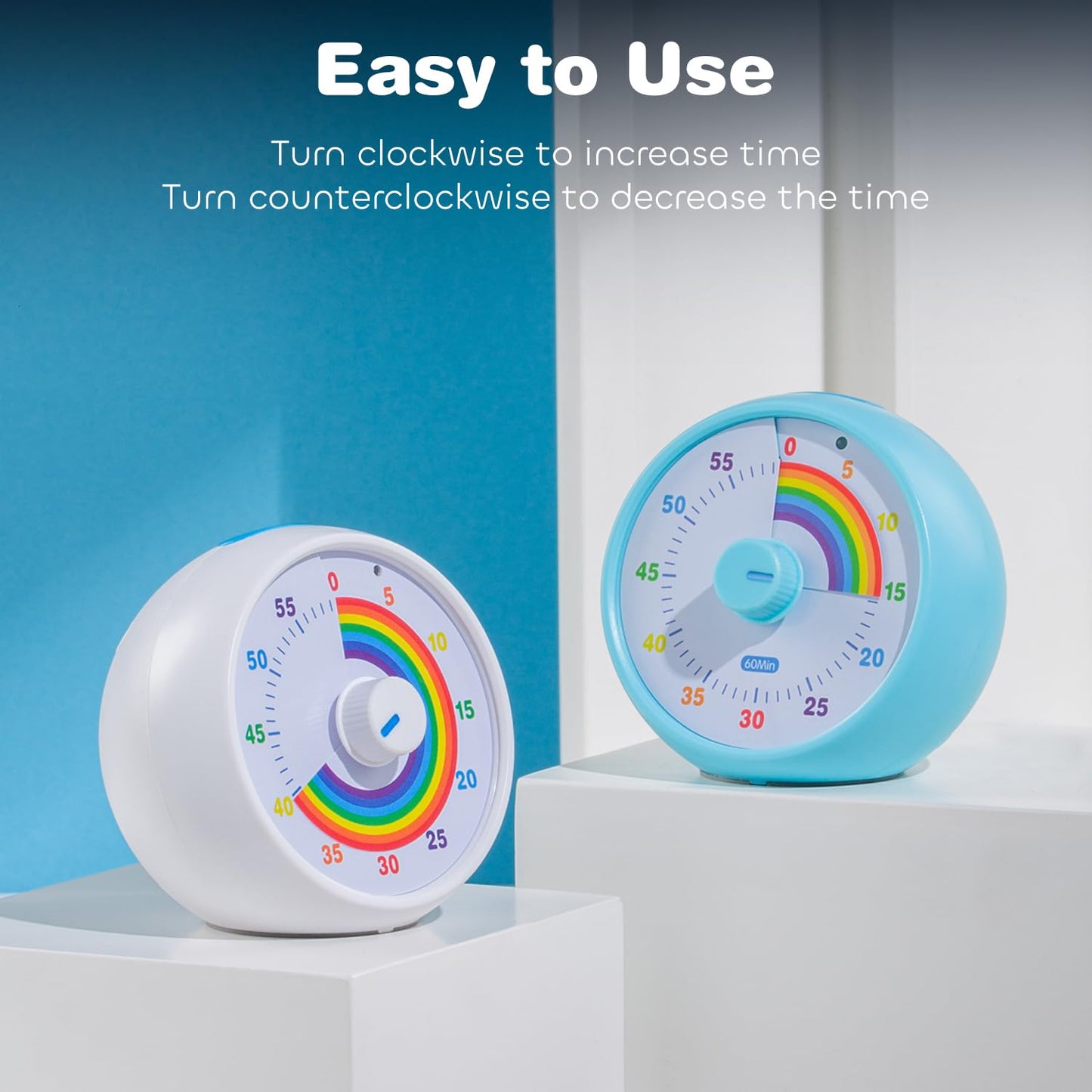 Visual timer for kids, 60-minute countdown for classroom office kitchen, desktop children time management tools with quiet operation, Pomodoro timer rainbow pattern (white)