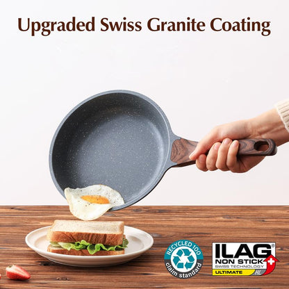 Sensarte skillet, non-stick coating, Swiss granite coating, omelette pan, healthy stone cookware, PFOA-free, 8", 11", 13" + glass lid + turner