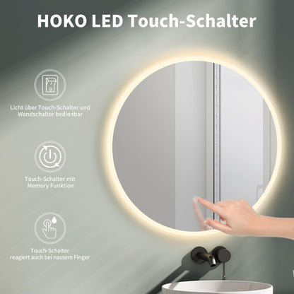 HOKO round 60cm LED bathroom mirror with touch switch+memory function+lighting change 2700-6500K warm white-cool white-neutral