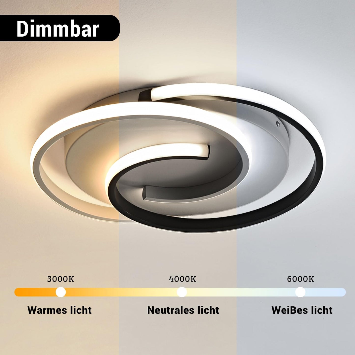 LED ceiling light, modern dimmable ceiling light with remote control for living room, black-white bedroom lamp, round design with memory function. Suitable for living room, bedroom, office.