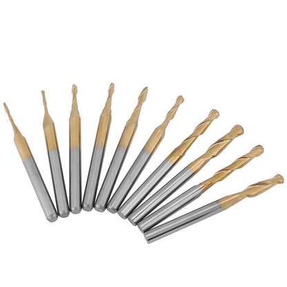 Milling ball nose end mill, titanium coating ball head cutter with 3.175mm shank, CNC ball end mill machine ball nose milling cutter bits, 1 * 4 / 1.5 * 6 / 2 * 8 / 2.5 * 12 / 3.175 * 12mm. 10 pieces.