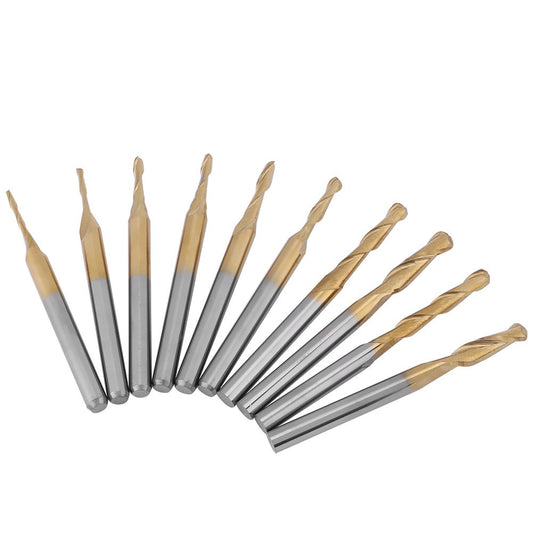 Milling ball nose end mill, titanium coating ball head cutter with 3.175mm shank, CNC ball end mill machine ball nose milling cutter bits, 1 * 4 / 1.5 * 6 / 2 * 8 / 2.5 * 12 / 3.175 * 12mm. 10 pieces.