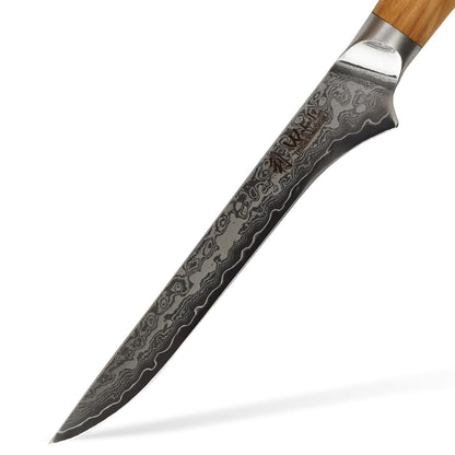 Wakoli Oribu fillet knife boning knife 14cm blade made of 67 layers of Damascus steel with AUS-10 core, olive wood handle, ergonomic, for meat and fish, professional kitchen knife gift box, sharp & durable.