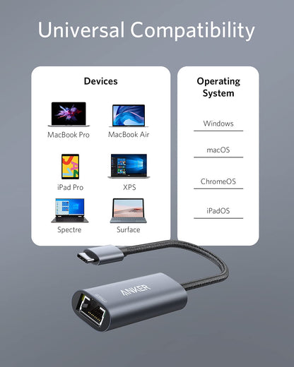 Anchor PowerExpand USB-C to Gigabit Ethernet Adapter, USB-C to 2.5 Gbps Ethernet Hub made of aluminum, Compatible with MacBook Pro, MacBook Air 2018 and later, iPad Pro 2018, XPS