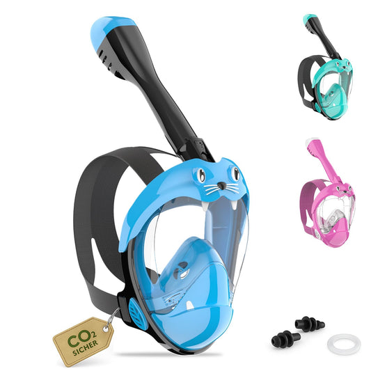 Kids full face snorkel mask - CO2 safe diving mask for ages 6 and up with anti-fog, anti-leak, 180° panoramic view. Includes silicone & carrying bag. (Blue, XS)