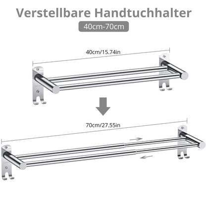 TANiCE 40-70cm double towel bar adjustable stainless steel self-adhesive towel rack wall mounted bath towel holder bracket wall for bathroom