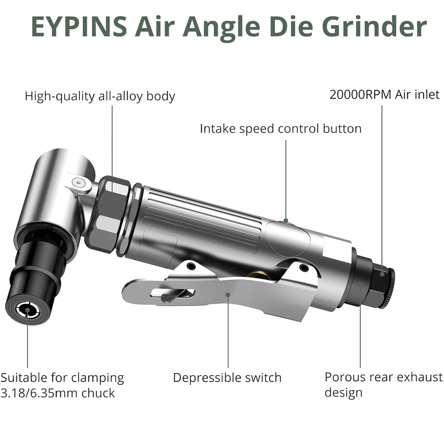 EYPINS Air Sander Set, Pneumatic Die Grinder Air Grinder 90° angled Angle Grinder 90psi(6.2Bar) with 50mm corundum disc, 50mm sanding disc, air valve, wool wheel sanding disc, polishing head