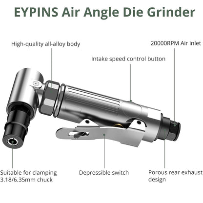 EYPINS Air Sander Set, Pneumatic Die Grinder Air Grinder 90° angled Angle Grinder 90psi(6.2Bar) with 50mm corundum disc, 50mm sanding disc, air valve, wool wheel sanding disc, polishing head