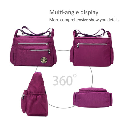 NICOLE & DORIS women's crossbody messenger bag in casual pink nylon, featuring multiple pockets and a zipper closure.