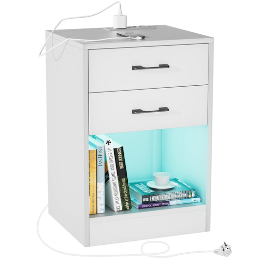 PIPIPOXER nightstand with socket & USB, bedside table LED with 2 drawers nightstand for living room, bedroom bed 40x35x60cm White