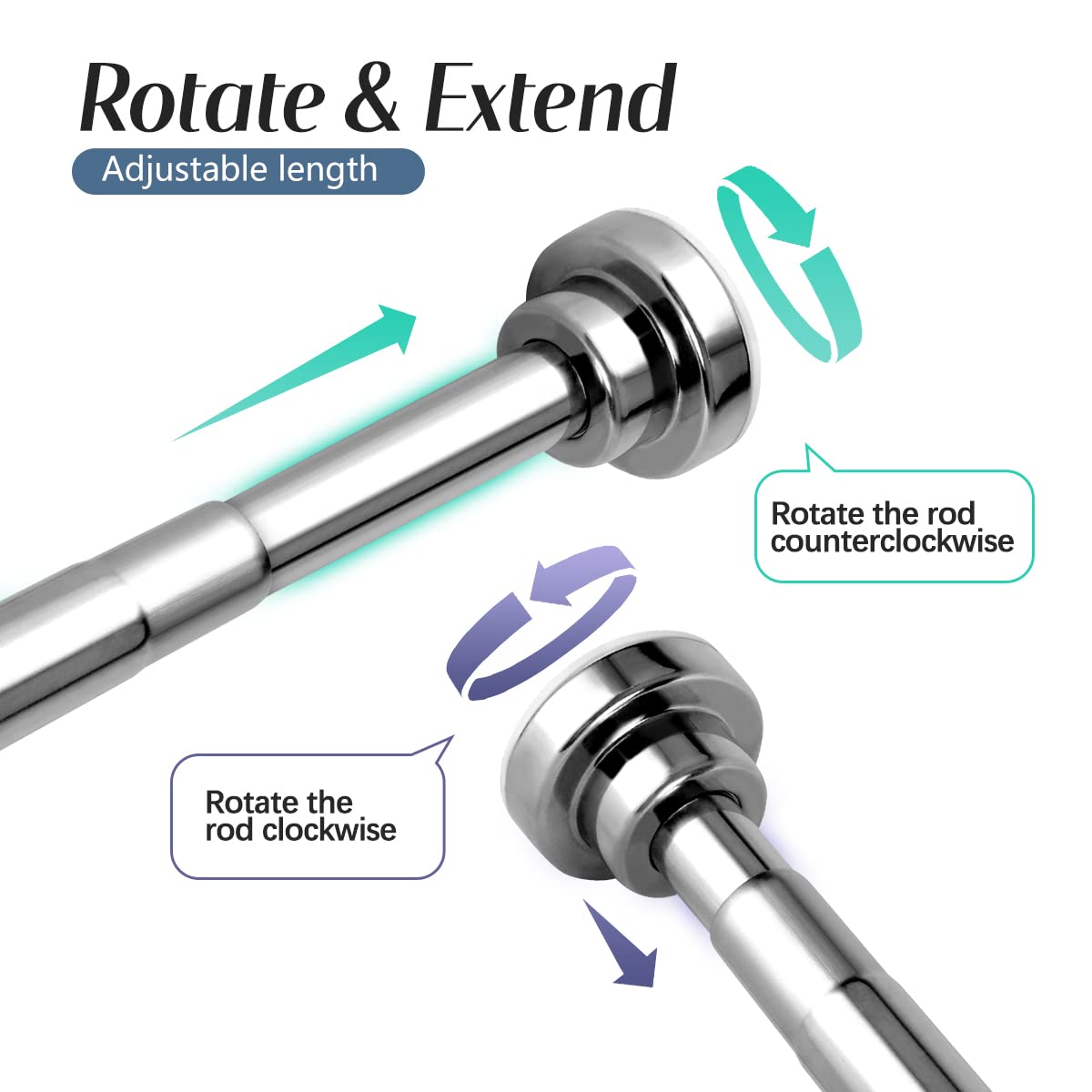 Telescopic stainless steel shower curtain rod 65-100cm, strong hold without drilling, silver clothes rod.