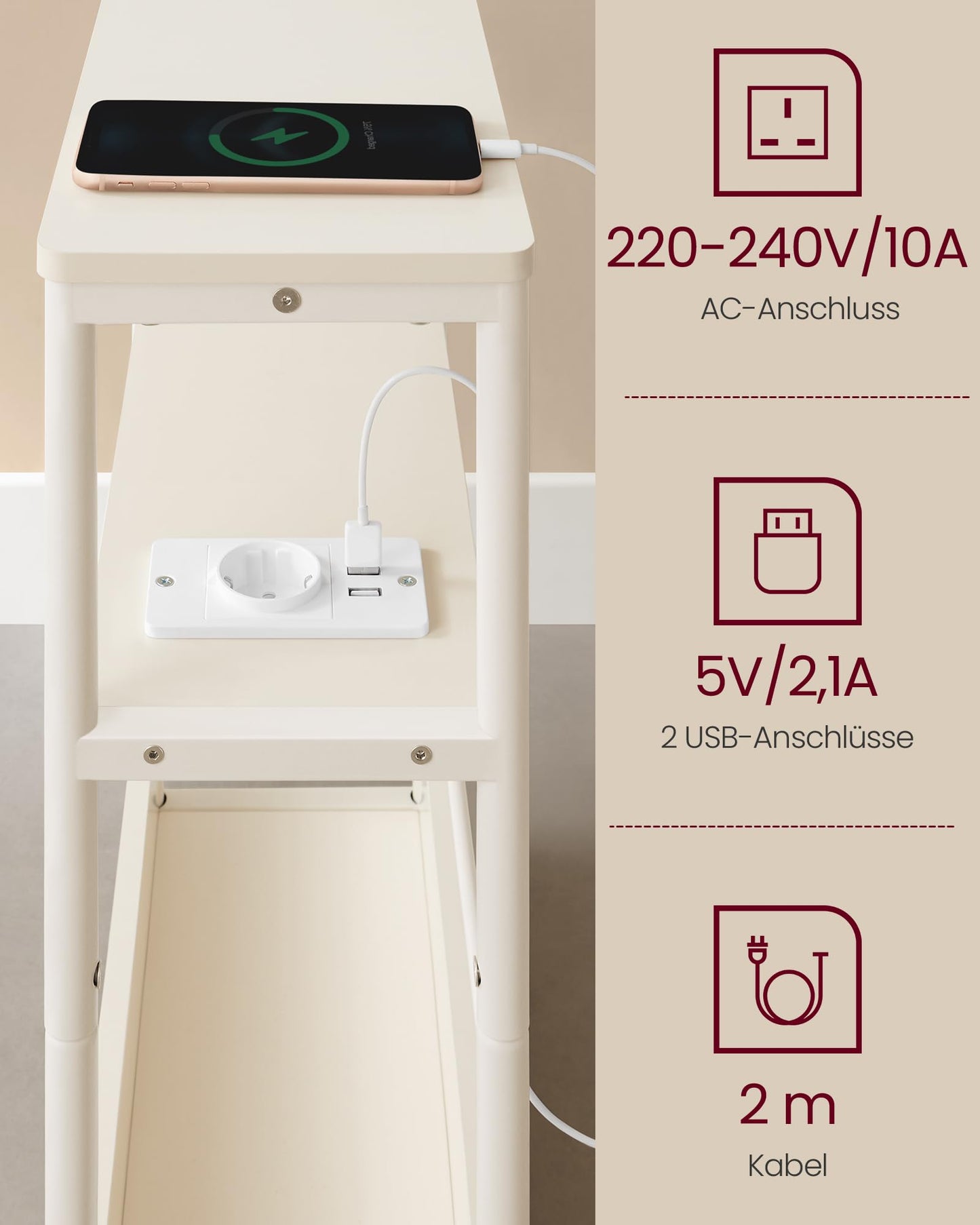 VASAGLE narrow side table with charging function, small coffee table with 3 shelves, magazine rack, for living room, bedroom, home office, cream white LET335W02