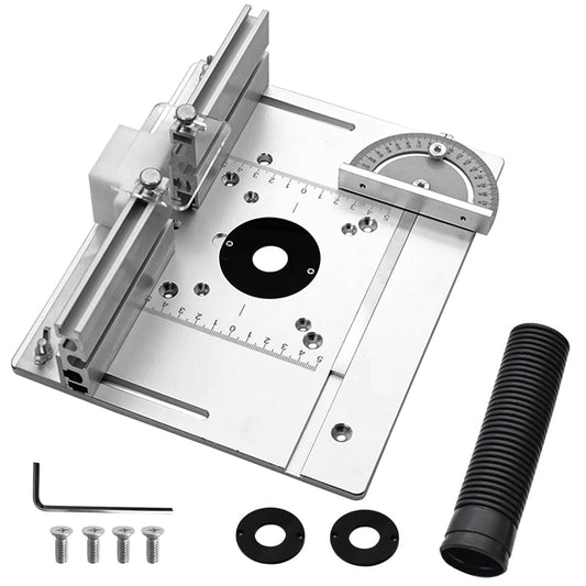 Set of 3 router table insert plates made of aluminum alloy. Includes router table insert plate for routers, silver engraving aid tool, and miter gauge.